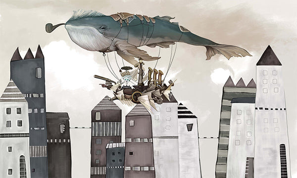 Ilustración infantil steampunk de una ballena volando sobre la ciudad