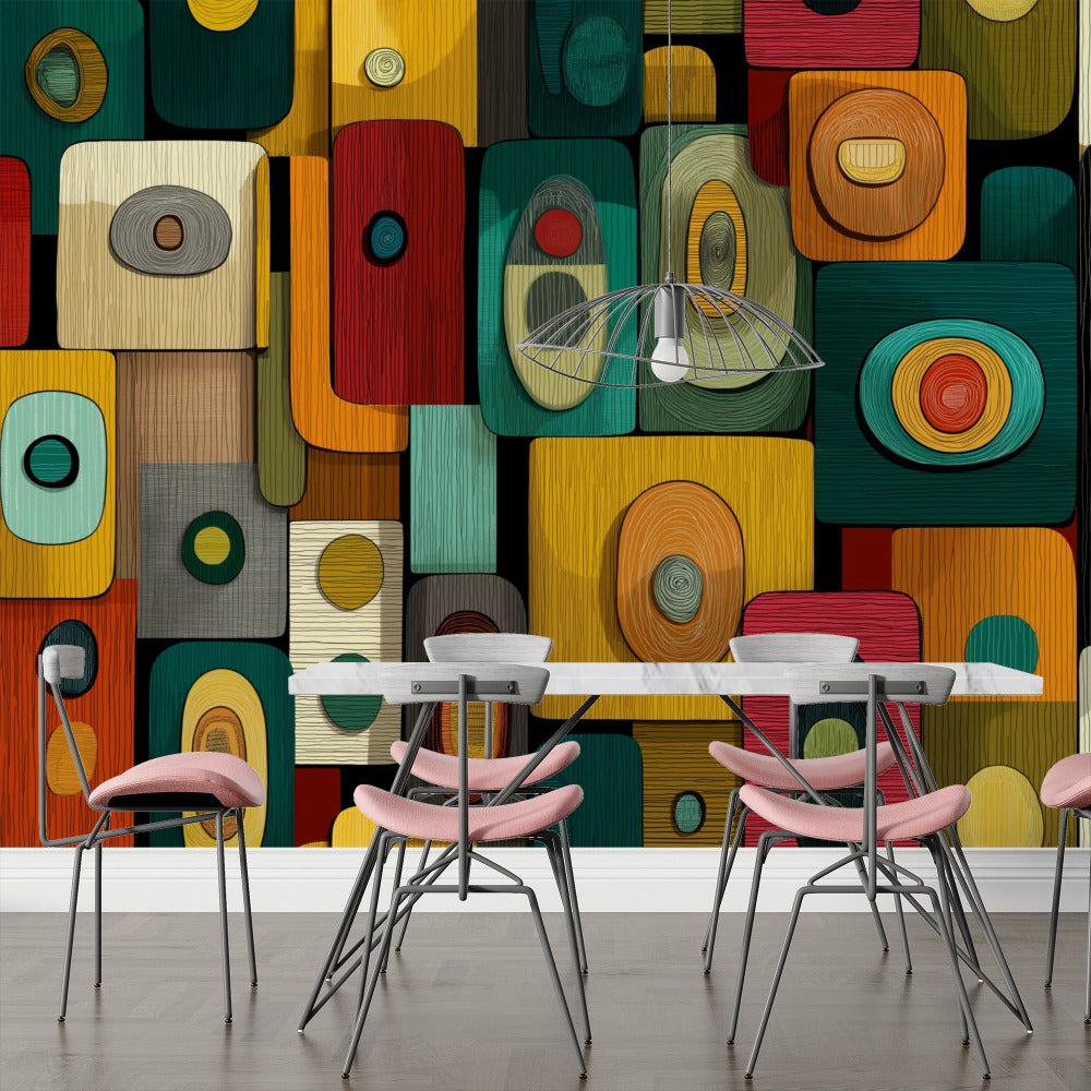 Retro Geometry: Abstract Art with Wood Textures and Earthy Tones