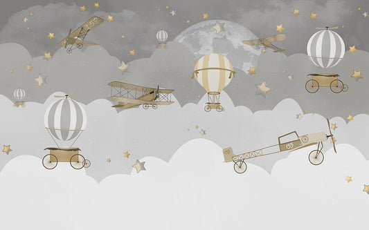 Aviones y globos sobre fondo gris.