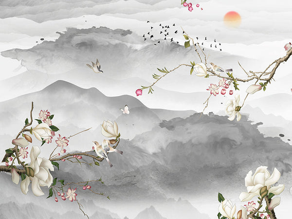 Elegancia oriental: la danza de las flores entre las nubes