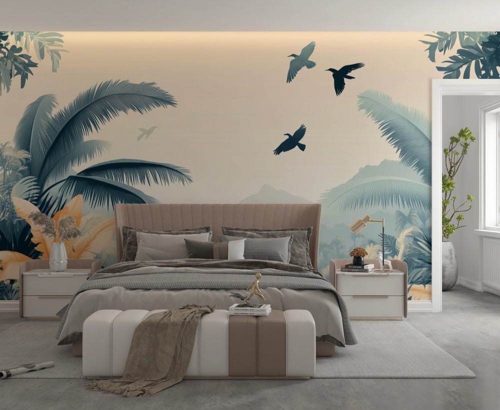 Tropical Tranquility: Jungle Scene with Birds in Flight