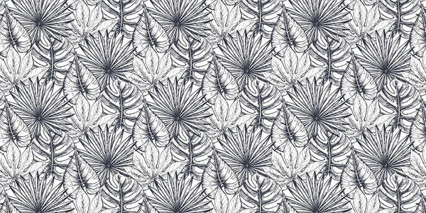 Tejido botánico en blanco y negro: un mosaico de hojas tropicales