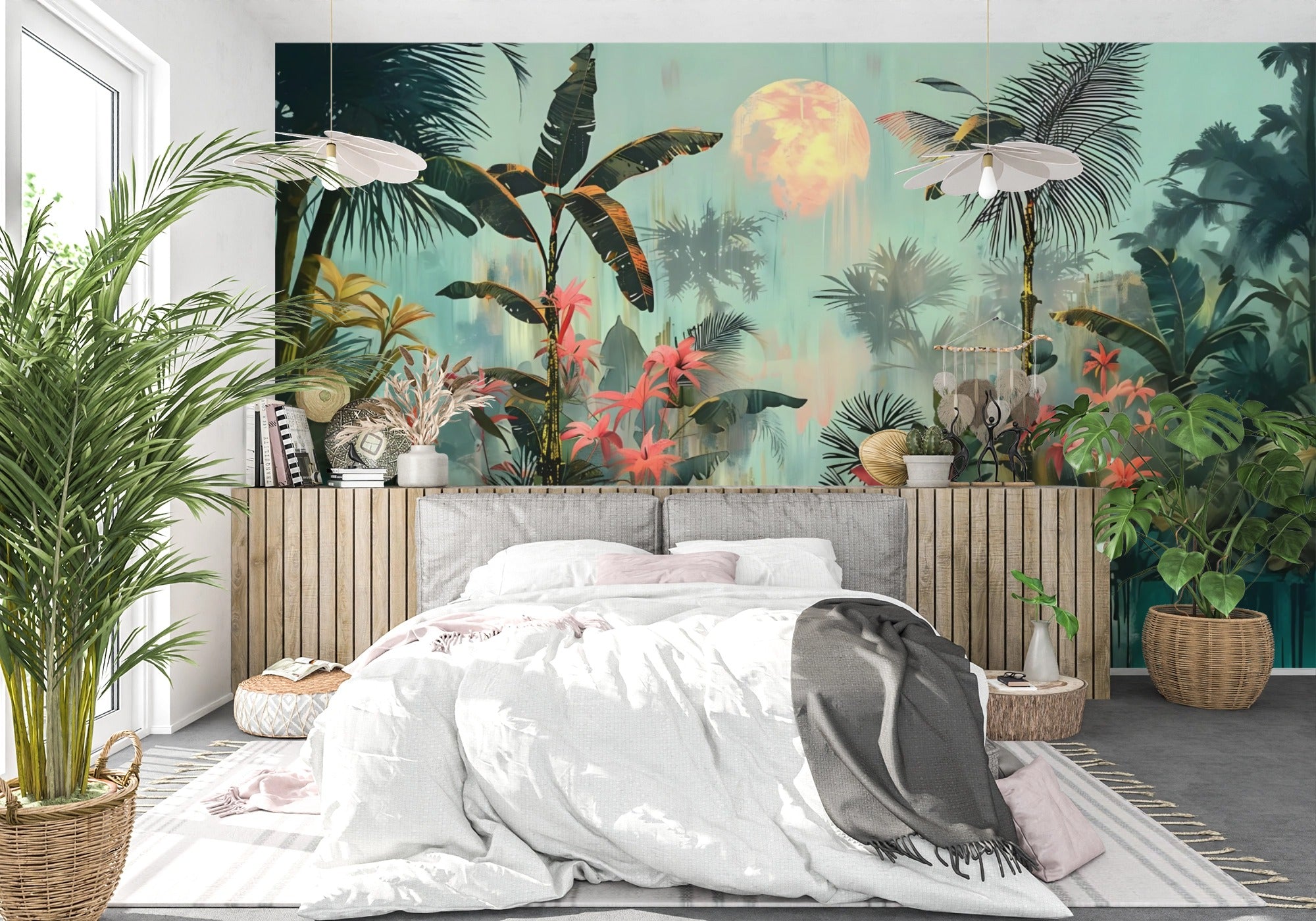 Abstract Jungle by Moonlight: Digital Art with Red Tropical Flowers