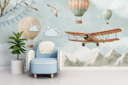 Retro Adventure in the Sky: Balloon and Biplane Flight Scene in Watercolor Style