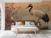 Oriental Crane with Water Lilies Wall Mural  Tranquil Nature Design