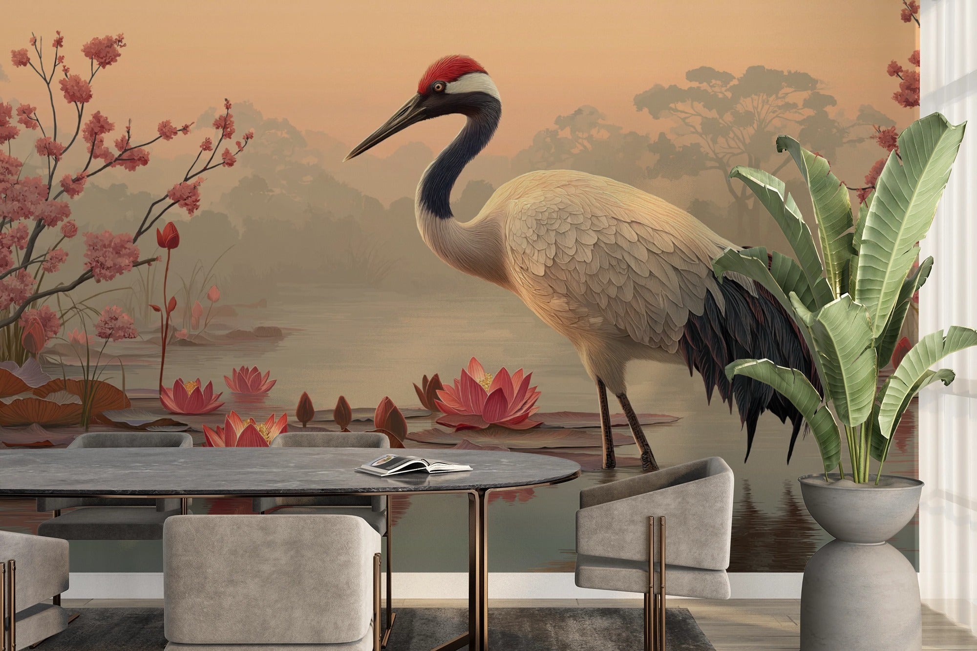 Oriental Crane with Water Lilies Wall Mural  Tranquil Nature Design