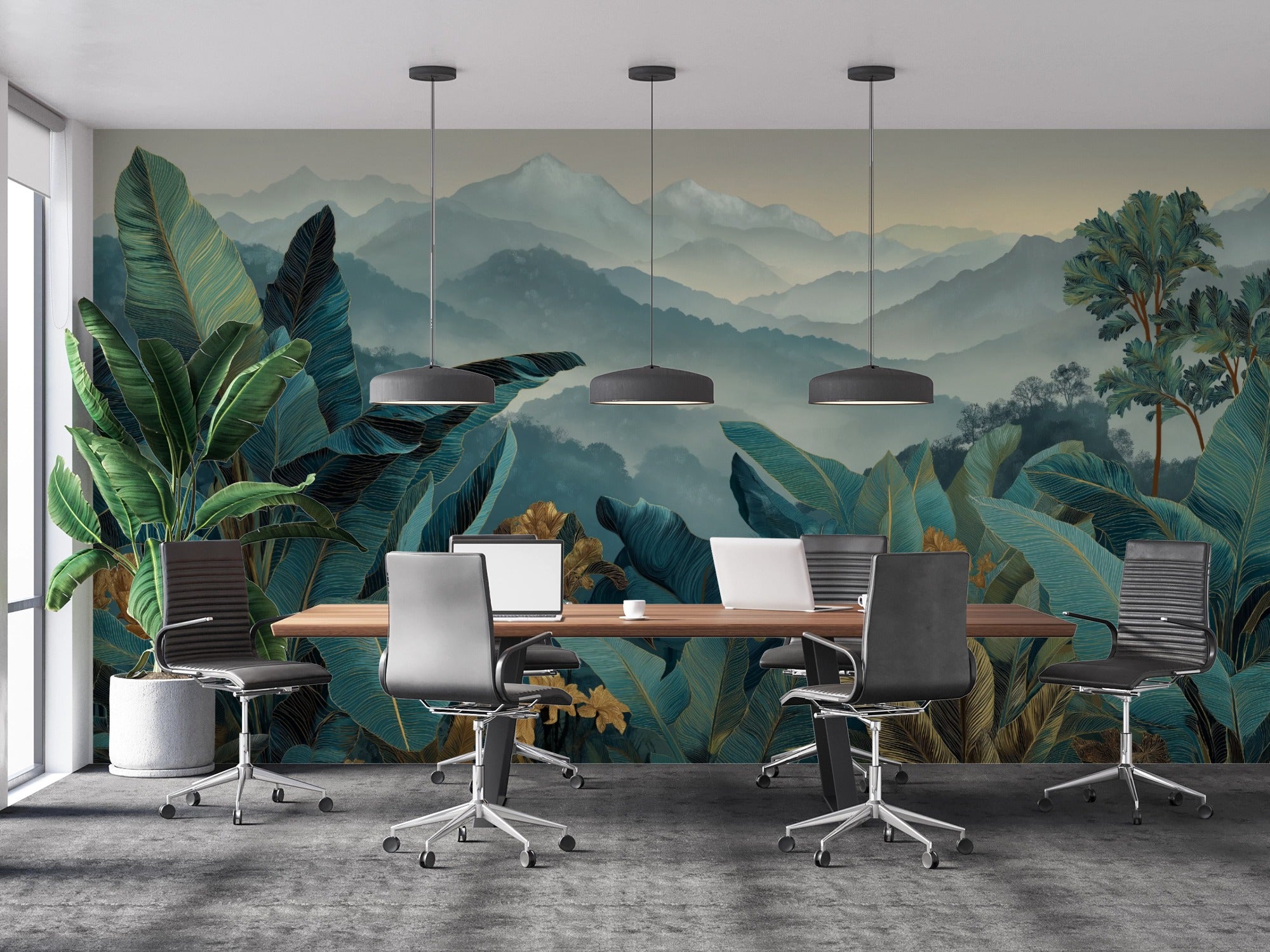 tropical peel and stick mural featuring lush green leaves and mountain scenery
