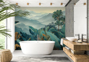 tropical peel and stick mural featuring lush green leaves and mountain scenery