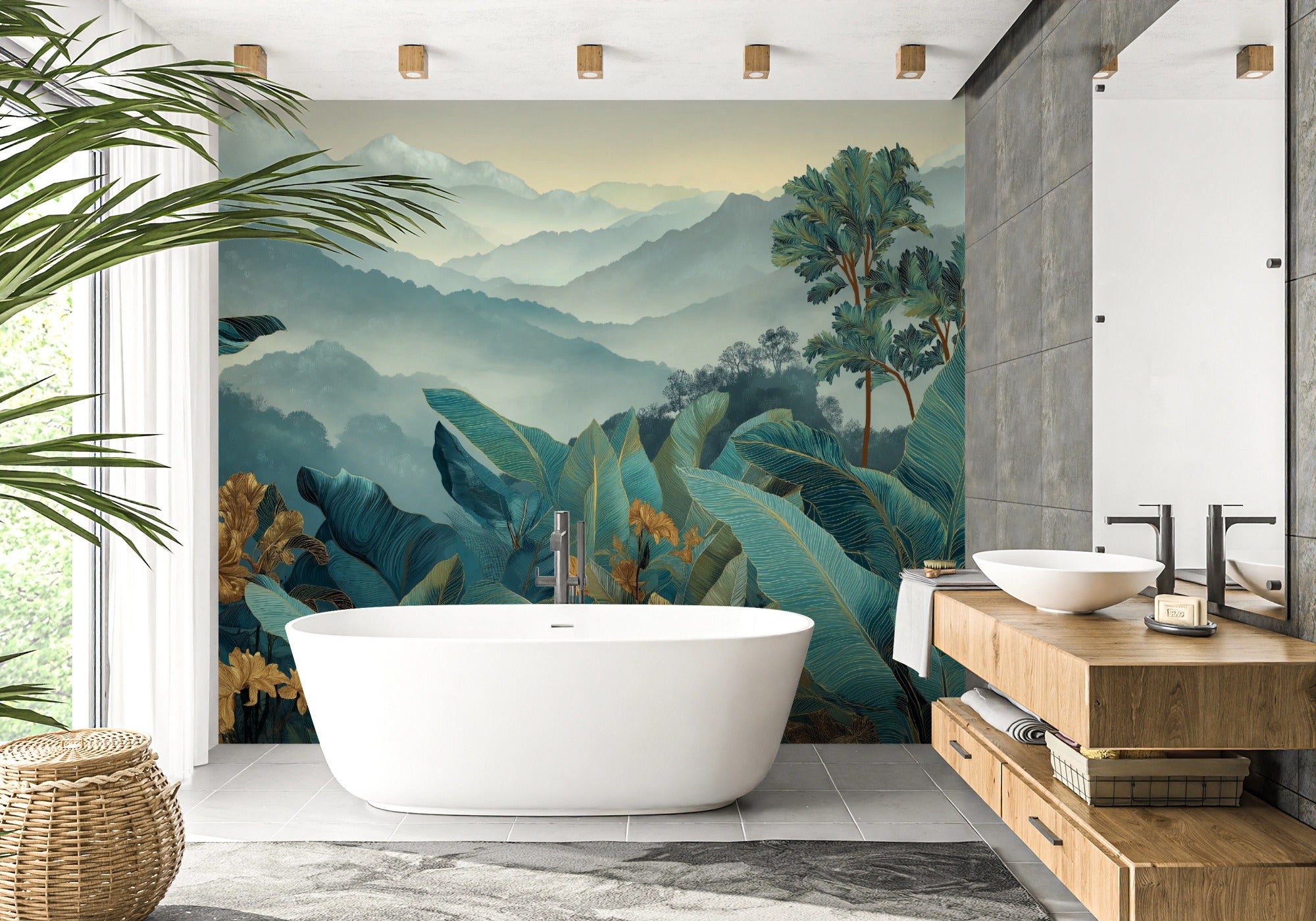 tropical peel and stick mural featuring lush green leaves and mountain scenery