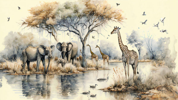 Ilustración de un oasis salvaje en la sabana africana