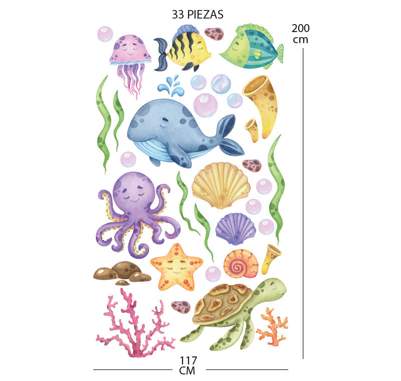Set de vinilos decorativos animales marinos