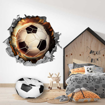 Vinilo decorativo 3d balón de fútbol saliendo de la pared